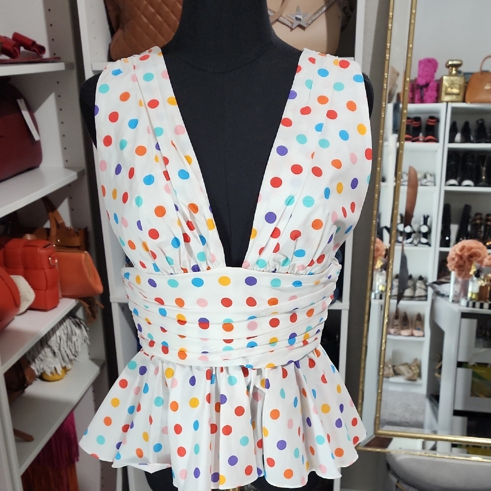 Caroline Constas Multicolor Polka Dot V-Neck Blouse